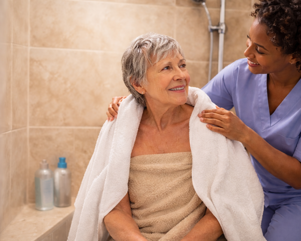 Caring moment in the bathroom