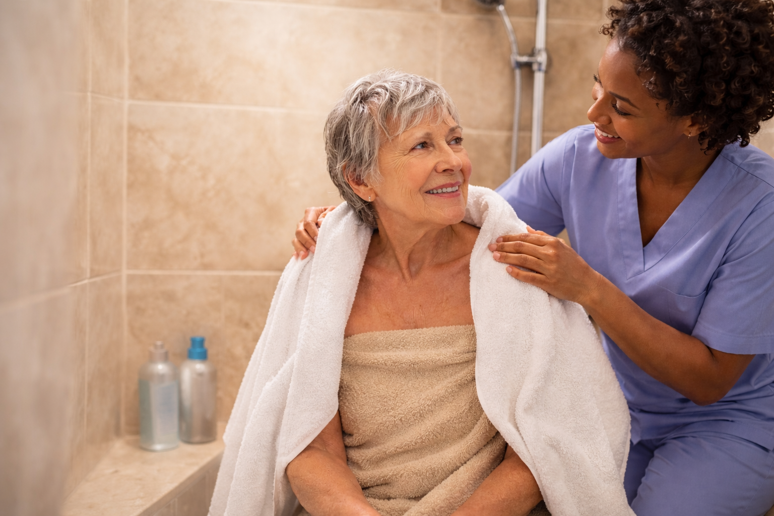 Caring moment in the bathroom