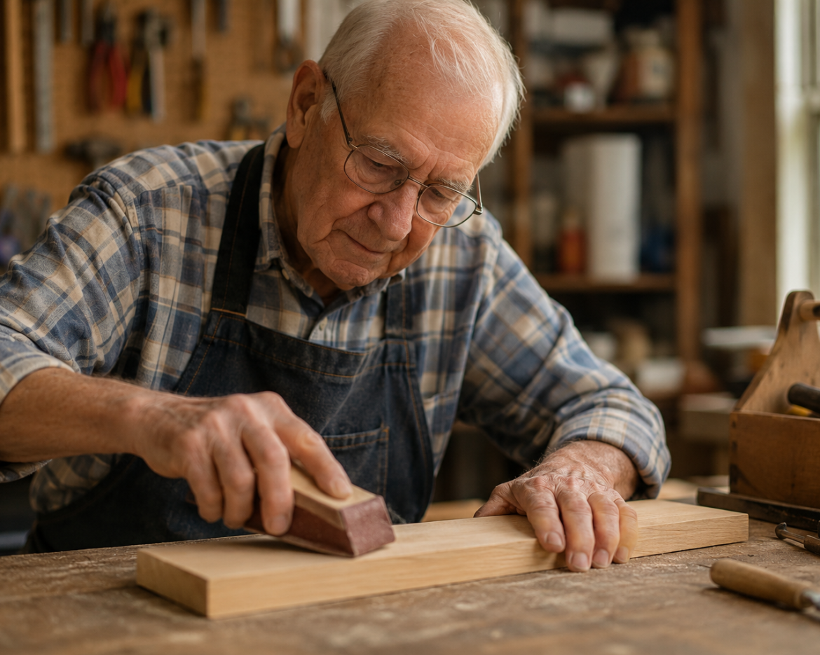 man sanding wood