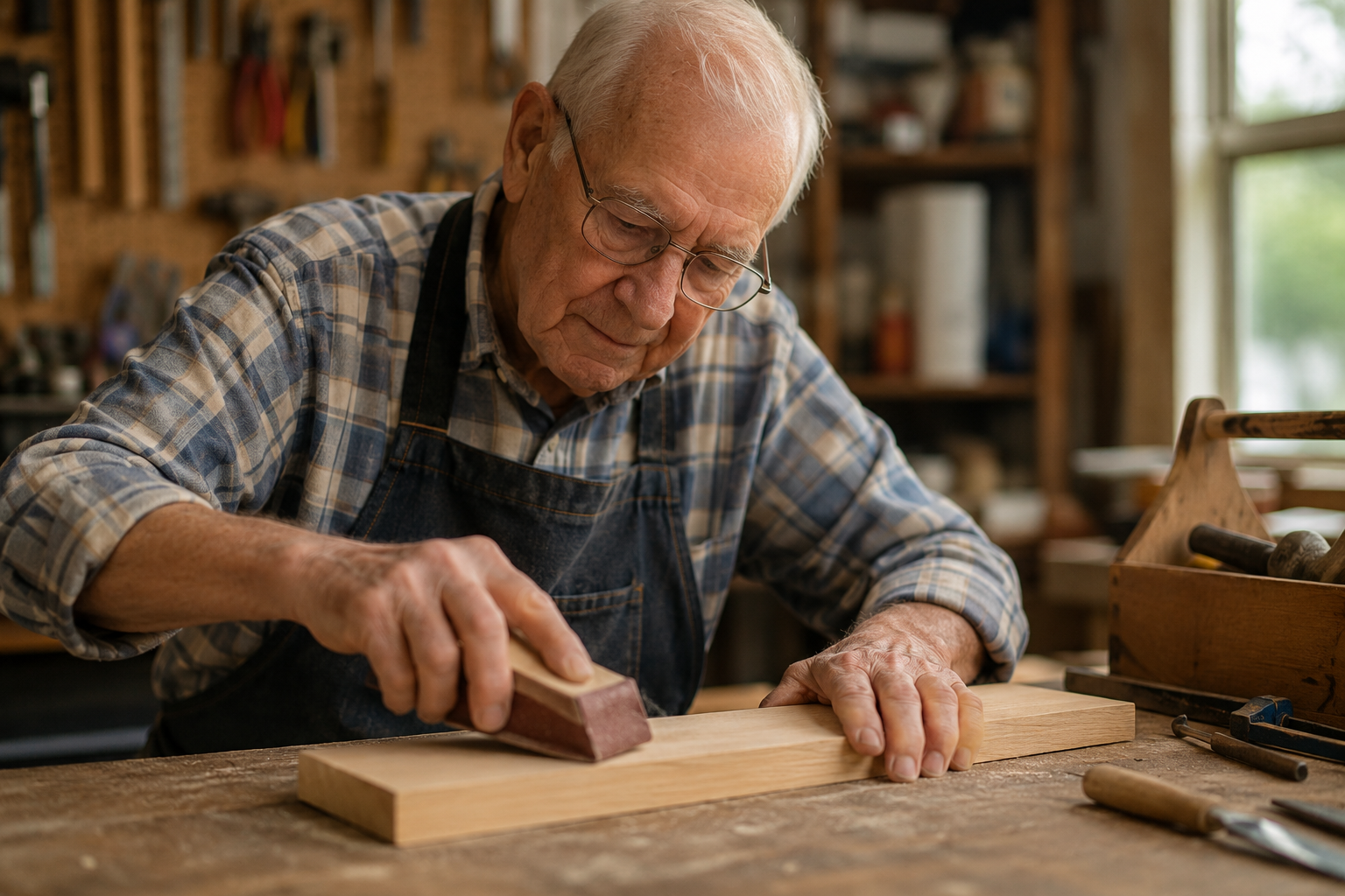 man sanding wood