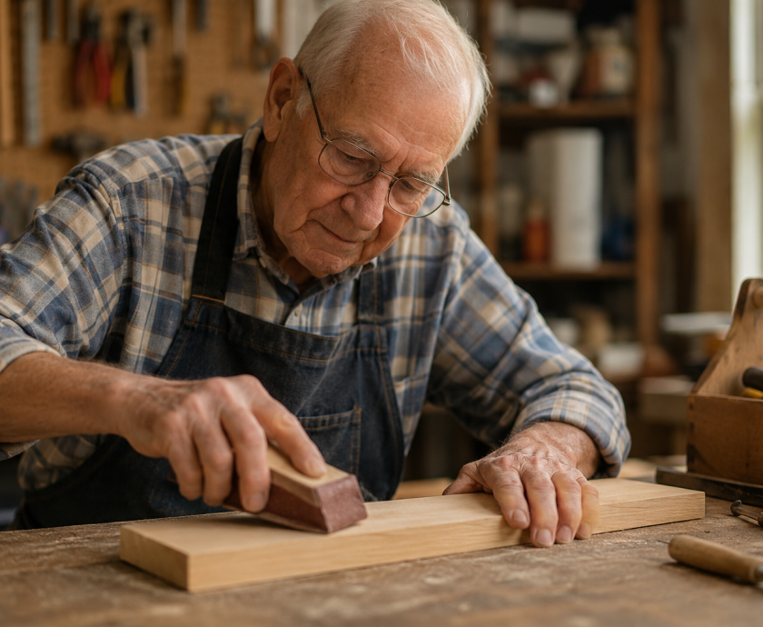 man sanding wood